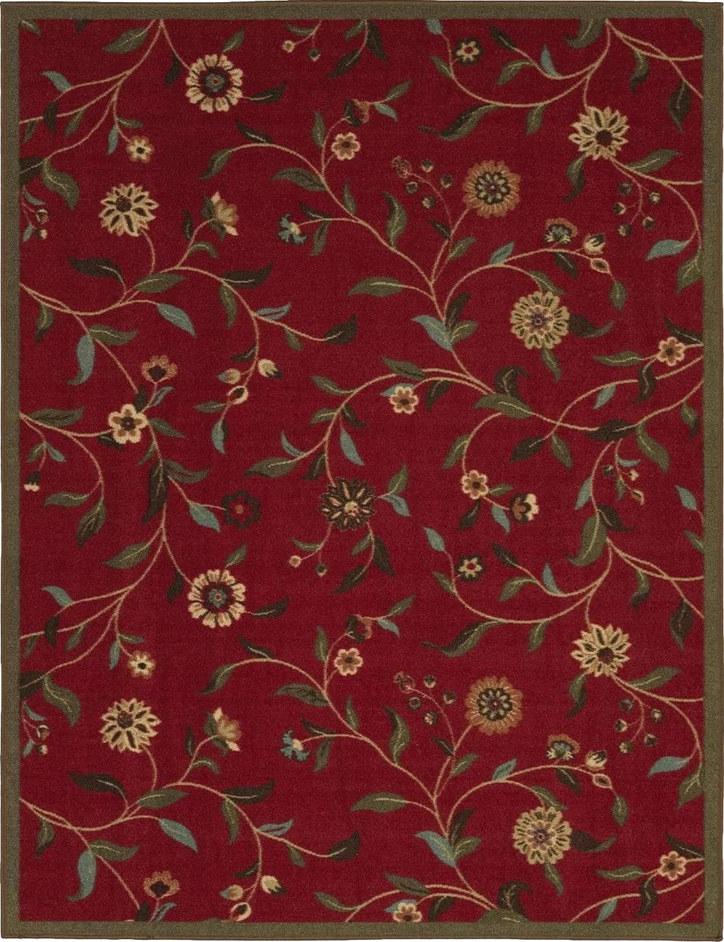 Machine Washable Floral Leaves Design Non-Slip Rubberback 5x7 Traditional Area Rug for Living Room, Bedroom, Kitchen, 5' x 6'6", Red - 5′0″x6′6″