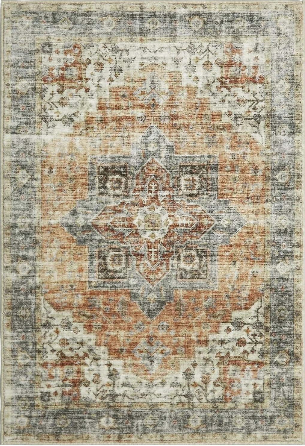 ROYHOME Area Rug 8x10 Non-Slip Vintage Low Pile Rugs Washable Rug Indoor Floor Cover Print Distressed Carpet Non-Shedding Oriental Area Rug for Living Room Bedroom, 8’x10’, Brown - 8′0″x10′0″