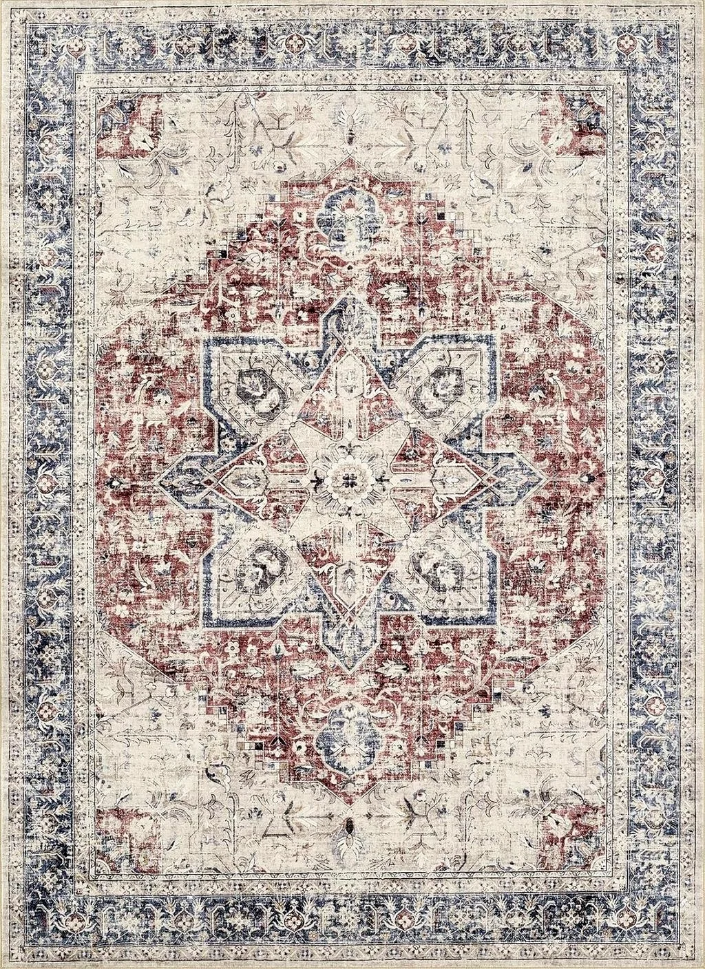 Area Rug Living Room Rugs - 9x12 Washable Boho Rug Vintage Oriental Distressed Farmhouse Small Thin Indoor Carpet for Living Room Bedroom Under Dining Table Home Office - Red Blue - 9′0″x12′0″