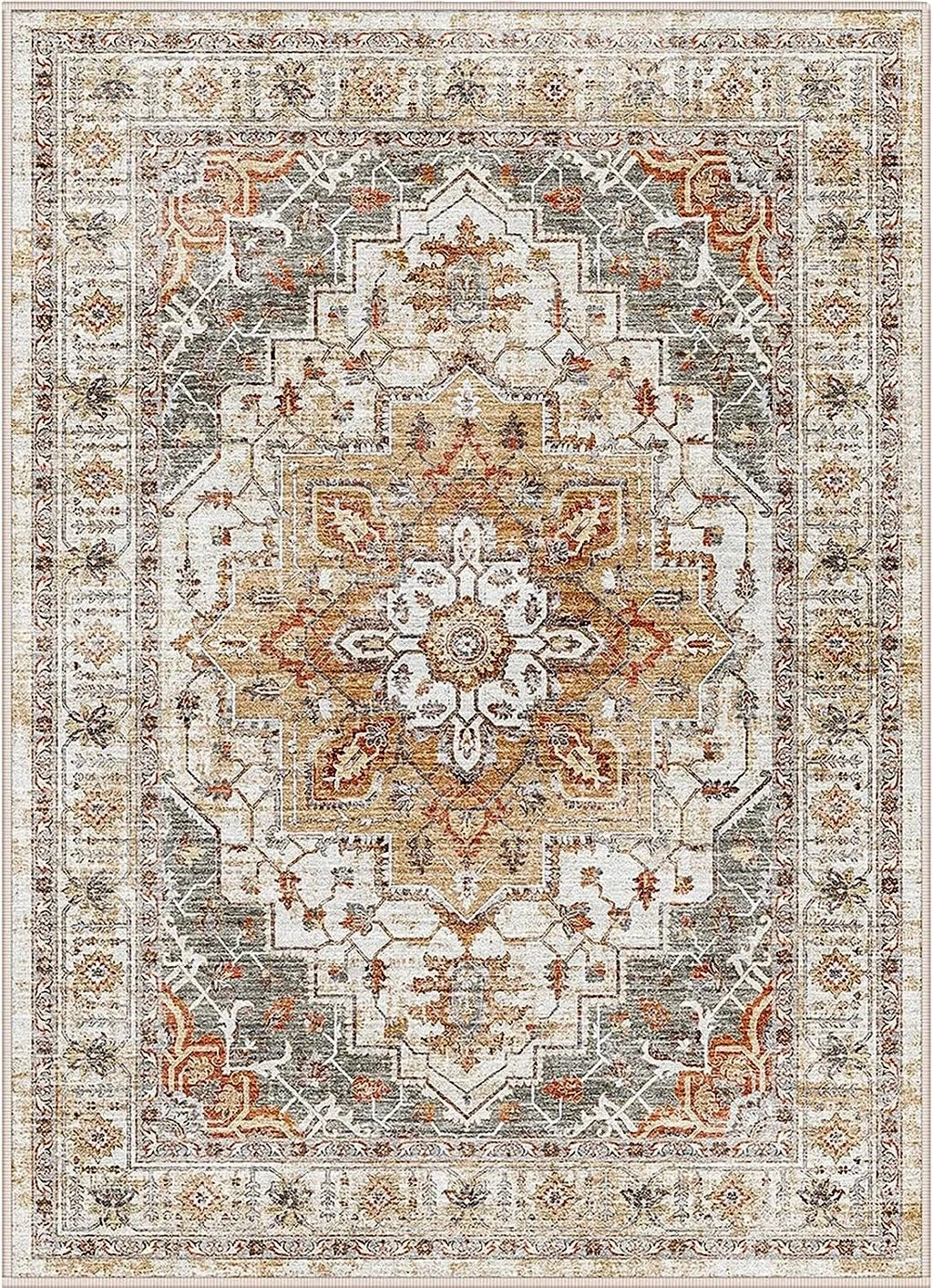 befbee 5x7 Area Rugs for Living Room,Stain Resistant Washable Rug,Non-Slip Backing Rugs for Bedroom,Kitchen,Printed Vintage Home Decor Rug (Turmeric/Grey, 5'x7') - 5′0″x7′0″
