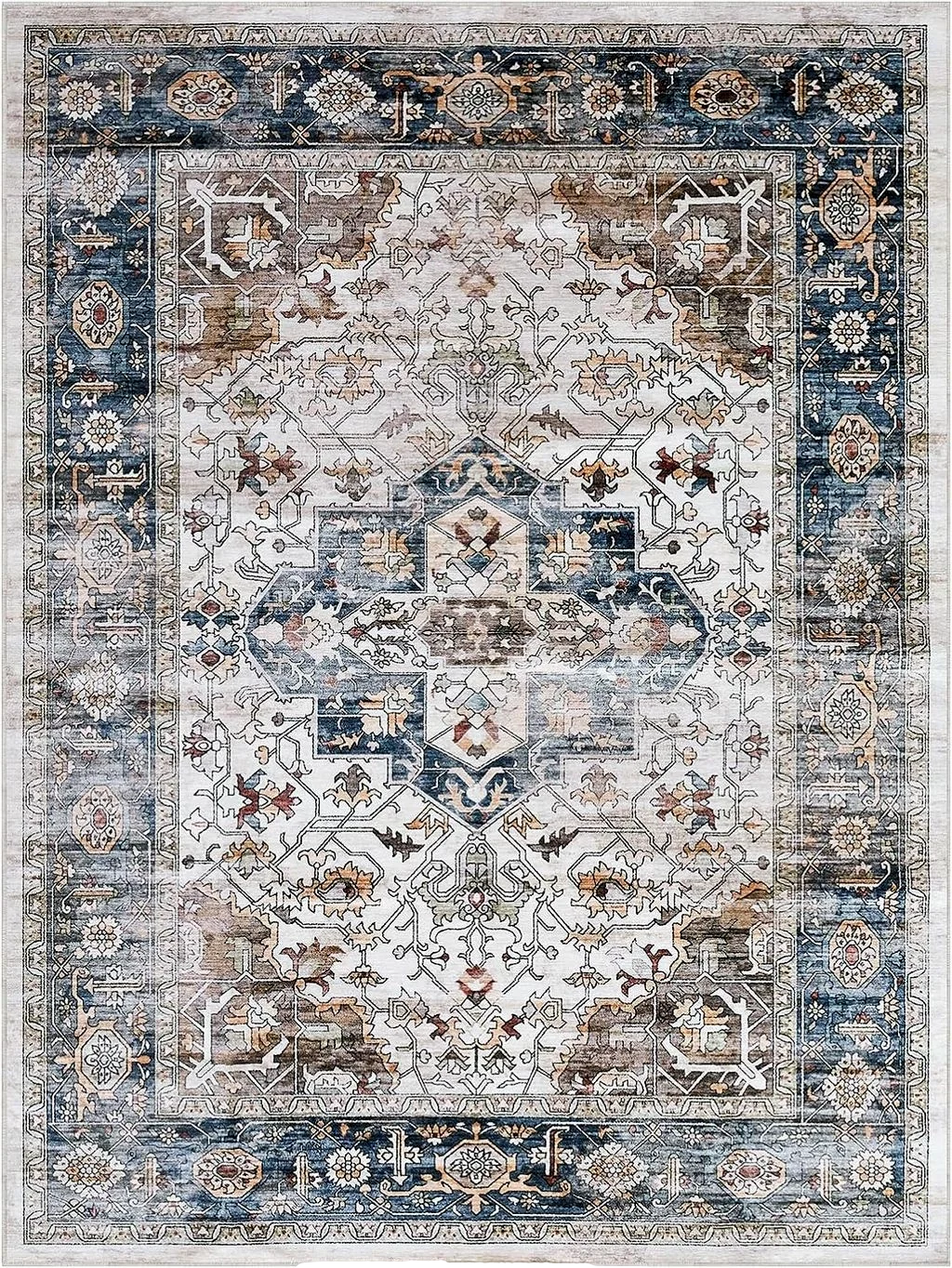 8x10 Area Rugs for Living Room: Washable Rugs Carpet for Living Room with Non-Slip Backing Non-Shedding Stain Resistant, Boho Floral Large Rugs for Dining Room Nursery Home Office (Blue Multi) - 8′0″x10′0″