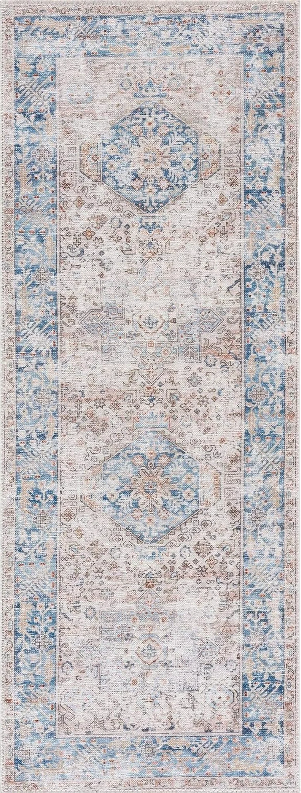 Bloom Rugs Caria Washable Non-Slip 10 ft Runner - Beige/Ocean Blue Runner for Entryway, Hallway, Bathroom and Kitchen - Exact Size: 2'6" x 10' - 2′7″x10′0″