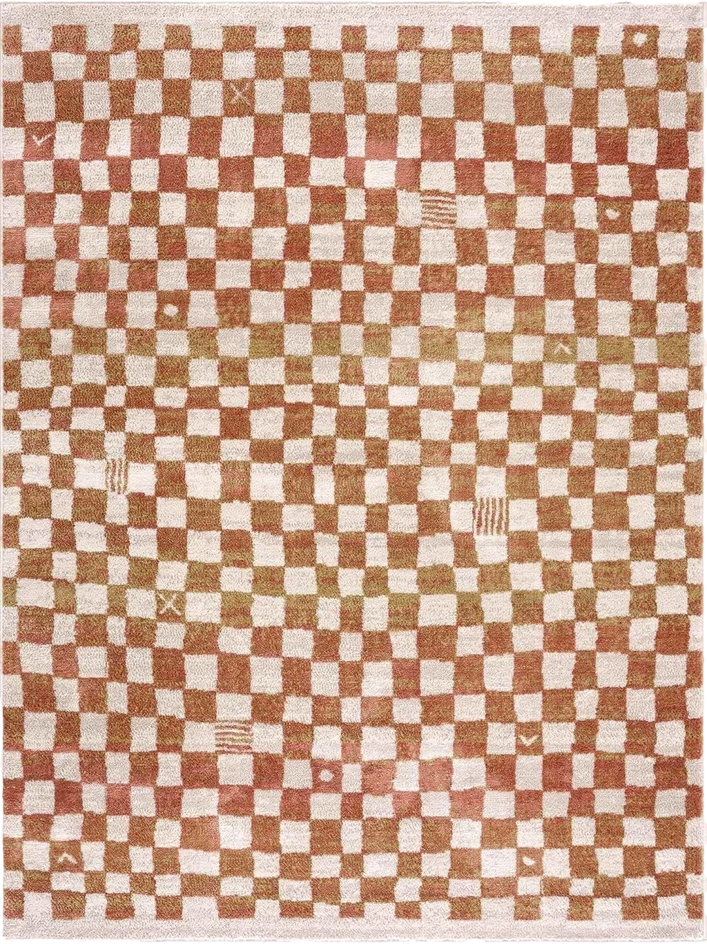 Hauteloom Pertek Checkered Tile Living Room Bedroom Dining Room Area Rug - Bohemian Boho Carpet - Square Tile Farmhouse - Faded Distressed - Cream, Beige, Light Red, Somon - 5'3" x 7' - 5′3″x7′0″