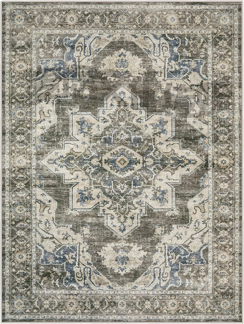 8x10 Area Rugs for Living Room Bedroom: Large Washable Rug with Non-Slip Backing Non-Shedding Stain Resistant, Boho Floral Large Carpet for Dining Room Nursery Home Office Indoor Brown/Green - 8′0″x10′0″