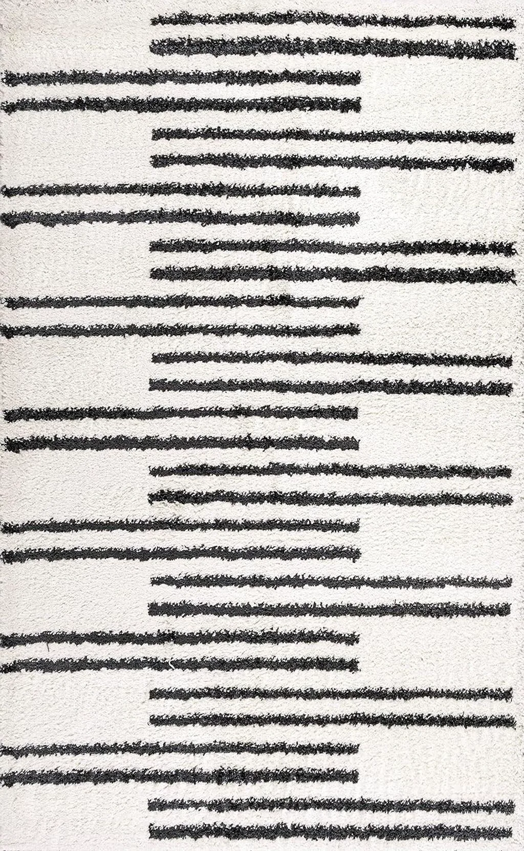 Eyely HOM406A-8 Moroccan Hype Petra Stripe Geometric Shag Indoor Area Rug Bohemian;Transitional;Modern, Bedroom, Kitchen, Living Room, Easy-Cleaning, Non-Shedding, 8 X 10, White/Gray - 7′9″x10′0″