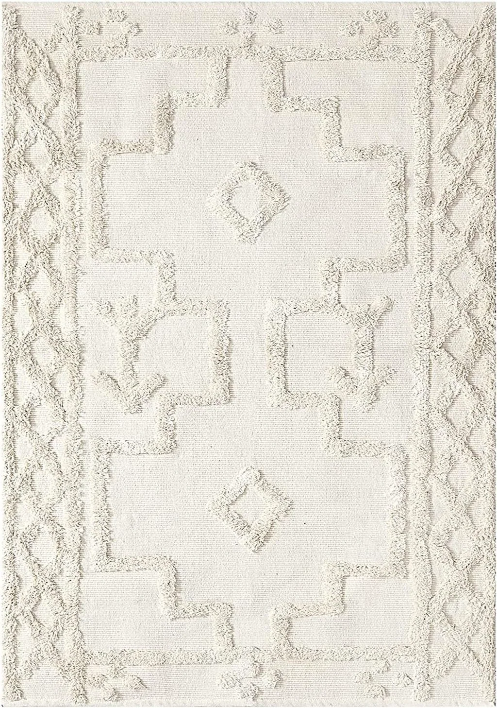 Uphome Boho Area Rug 4' x 6' Tufted Cotton Geometric Living Room Rug Hand Woven Washable Farmhouse Tribal Floor Carpet for Entryway Bedroom Kitchen,Beige - 3′11″x5′11″