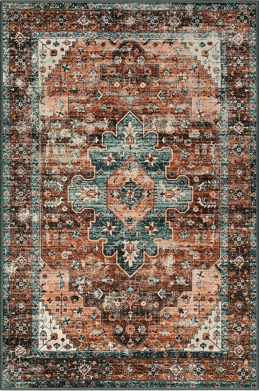 Moynesa Ultra-Thin Vintage Area Rug - 9x12 Large Living Room Rugs for Bedroom Aesthetic, Rugs for Under Dining Room Table, Oriental Medallion Printed Low Pile Carpet for Office Playroom Entryway Dorm - 8′0″x10′0″