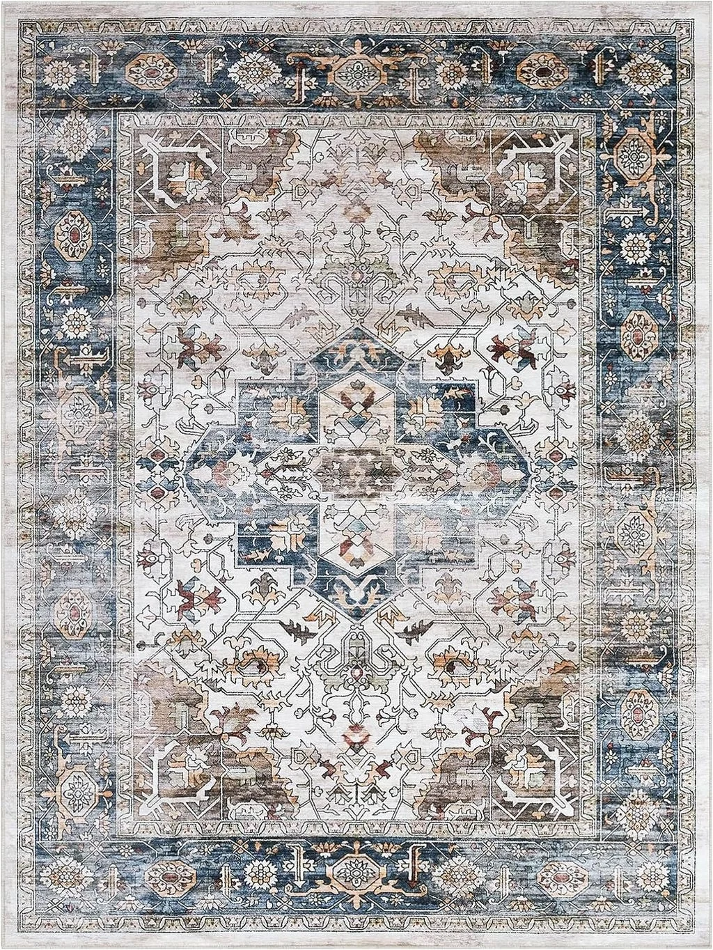 9x12 Area Rugs for Living Room: Washable Rugs Carpet for Living Room with Non-Slip Backing Non-Shedding Stain Resistant, Boho Floral Large Rugs for Dining Room Nursery Home Office (Blue Multi) - 9′0″x12′0″