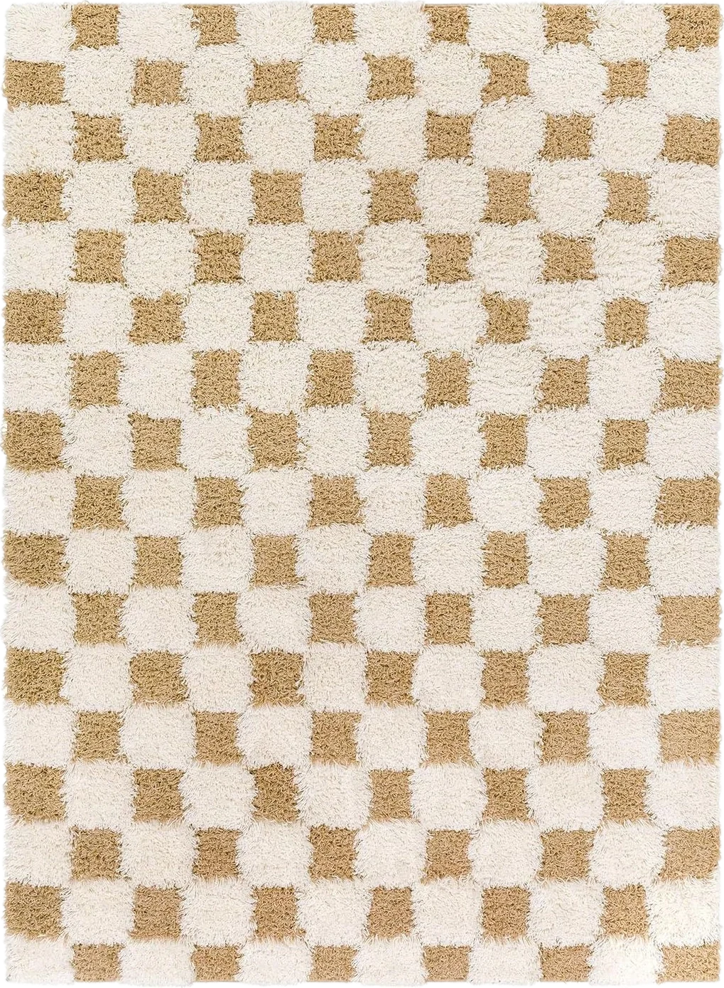 Hauteloom Atira Checkered Shag Area Rug - Checkboard Design - High Pile Fluffy Shaggy Touch - Square Tiles - Kids Room, Nursery, Living Room Shaggy Carpet - Yellow, Cream, White - 5'3" x 7'3" - 5′3″x7′3″
