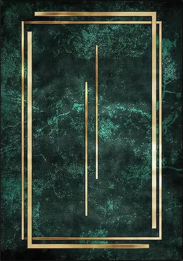 Luxury Emerald Green Gold Geometric Lines Area Rug, Non Slip Noise Reduction Kids Rugs, for Room Sofa Living Room Mat Bedroom Home Decor Floor Mats,6 x 8ft - 5′11″x7′11″