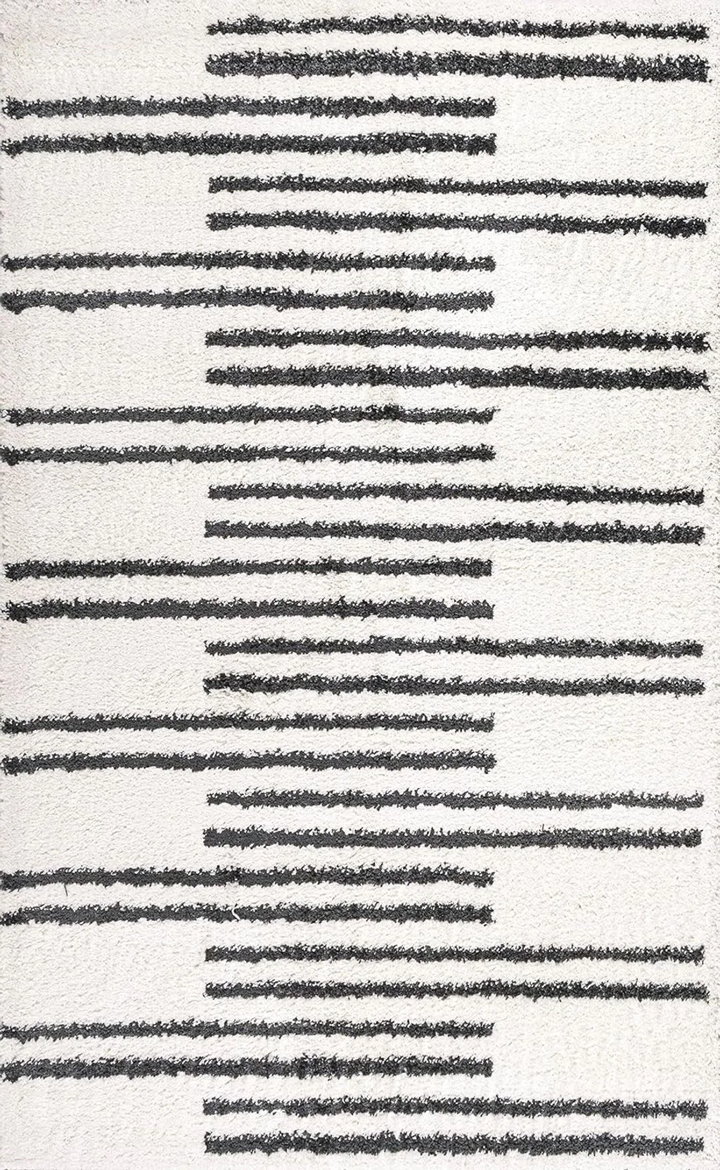 Eyely HOM406A-5 Moroccan Hype Petra Stripe Geometric Shag Indoor Area Rug Bohemian;Transitional;Modern, Bedroom, Kitchen, Living Room, Easy-Cleaning, Non-Shedding, 5 X 8, White/Gray - 5′1″x8′0″