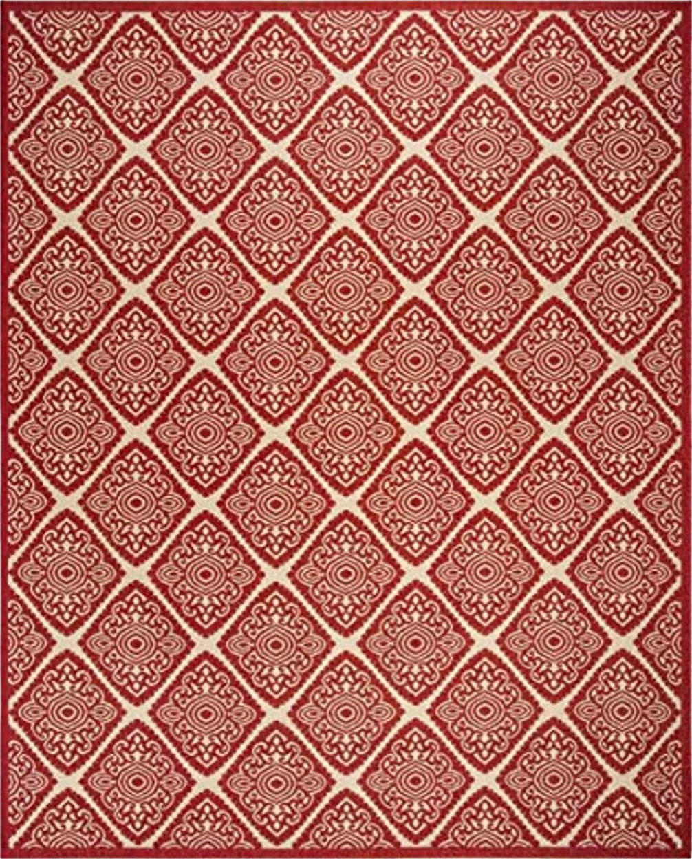 SAFAVIEH Linden Collection 8' x 10' Red/Cream LND132Q Trellis Indoor/ Outdoor Non-Shedding Easy scrubbing Patio Backyard Porch Deck Mudroom Area-Rug - 8′0″x10′0″