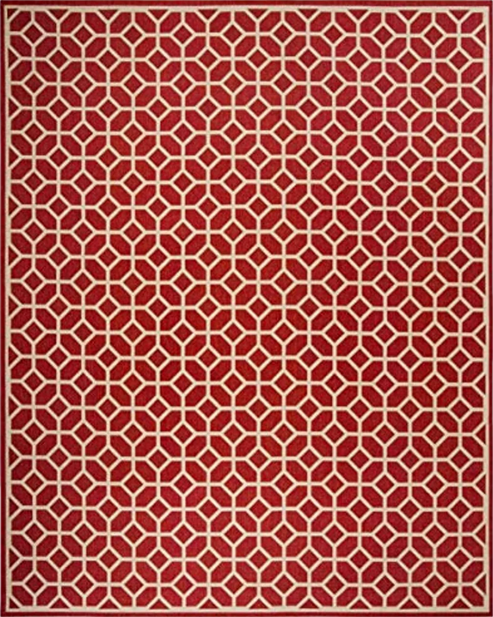 SAFAVIEH Linden Collection 8' x 10' Red/Cream LND127Q Geometric Indoor/ Outdoor Non-Shedding Easy scrubbing Patio Backyard Porch Deck Mudroom Area-Rug - 8′0″x10′0″
