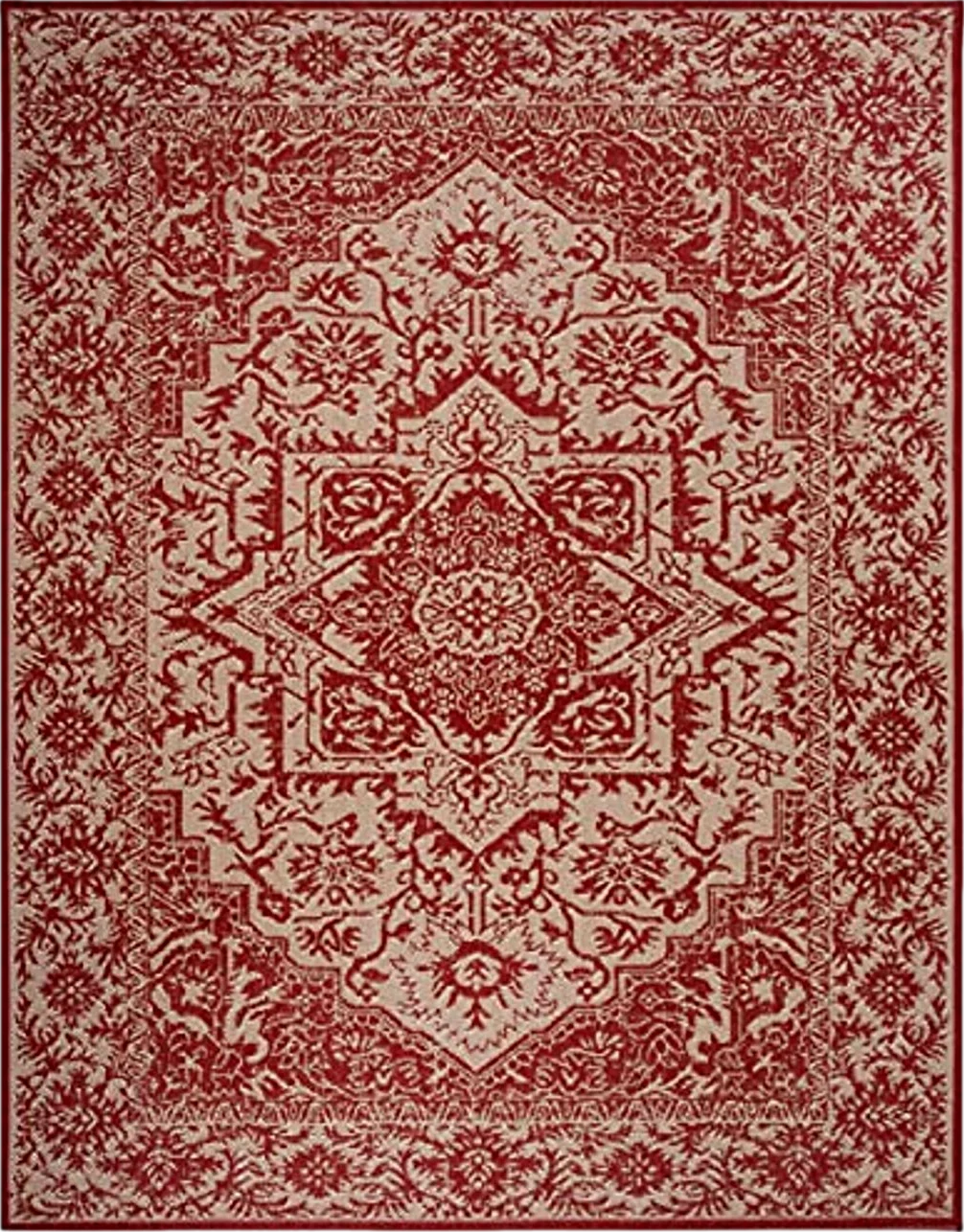 SAFAVIEH Linden Collection 6'7' x 9'2' Red/Cream LND139Q Oriental Medallion Indoor/ Outdoor Non-Shedding Easy scrubbing Patio Backyard Porch Deck Mudroom Area-Rug - 6′8″x9′2″