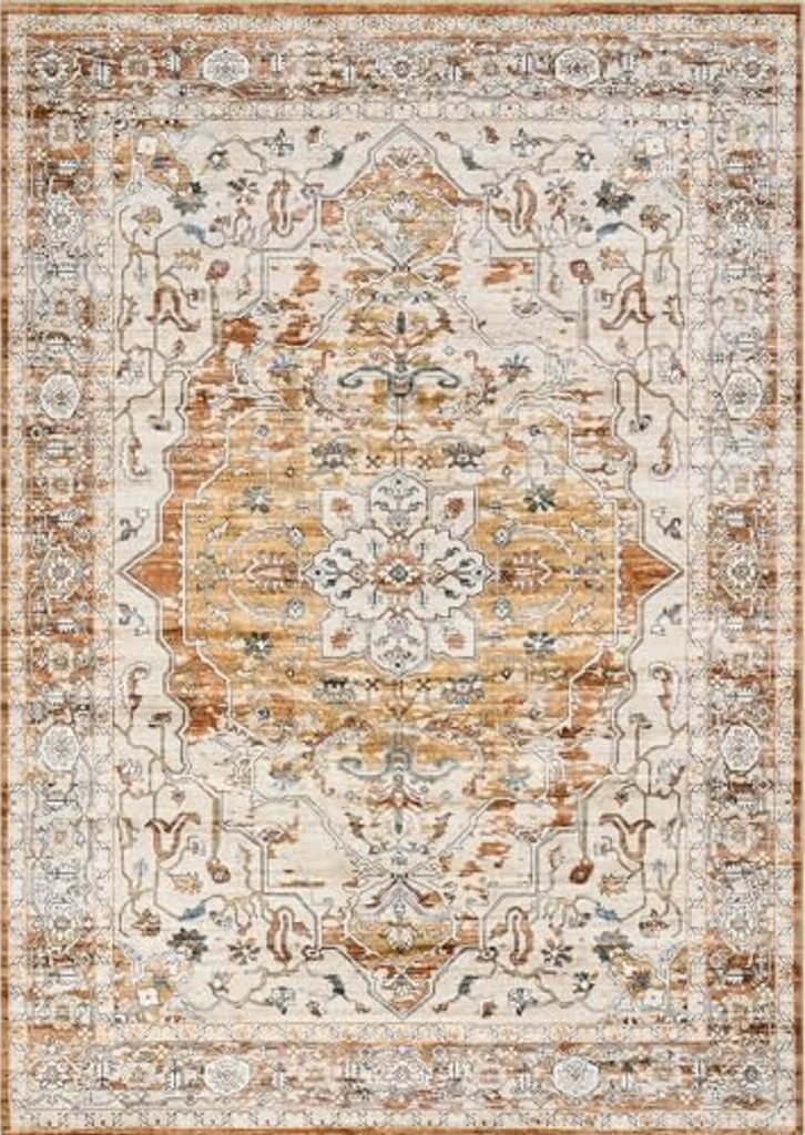 befbee 8x10 Area Rugs for Living Room, Stain Resistant Neutral Washable Rugs for Dining Room, Floral Vintage Non-Slip Thin Large Size Area Rug (Orange/Yellow) - 8′0″x10′0″