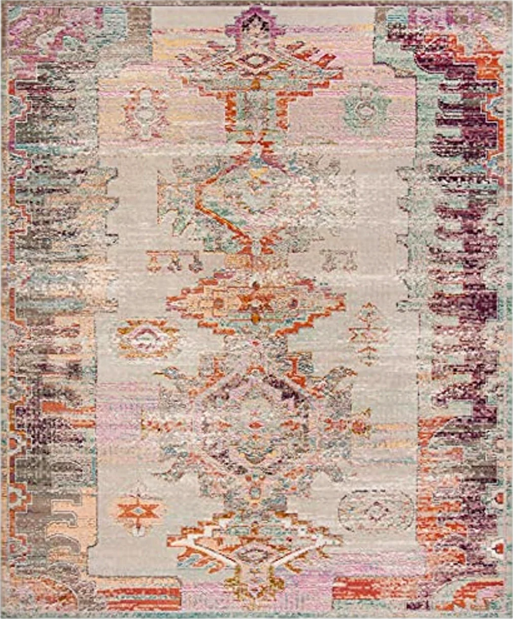 SAFAVIEH Crystal Collection Area Rug - 8' x 10', Light Grey & Purple, Boho Tribal Distressed Design, Non-Shedding & Easy Care, Ideal for High Traffic Areas in Living Room, Bedroom (CRS517P) - 8′0″x10′0″