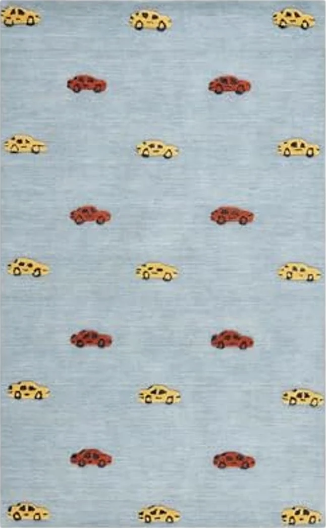 SAFAVIEH Kids Collection Area Rug - 4' x 6', Light Blue & Yellow, Handmade Wool, Car Design, Ideal for The Living Room, Bedroom, Dining Room, Kids Room, Nursery (SFK806L-4) - 4′0″x6′0″