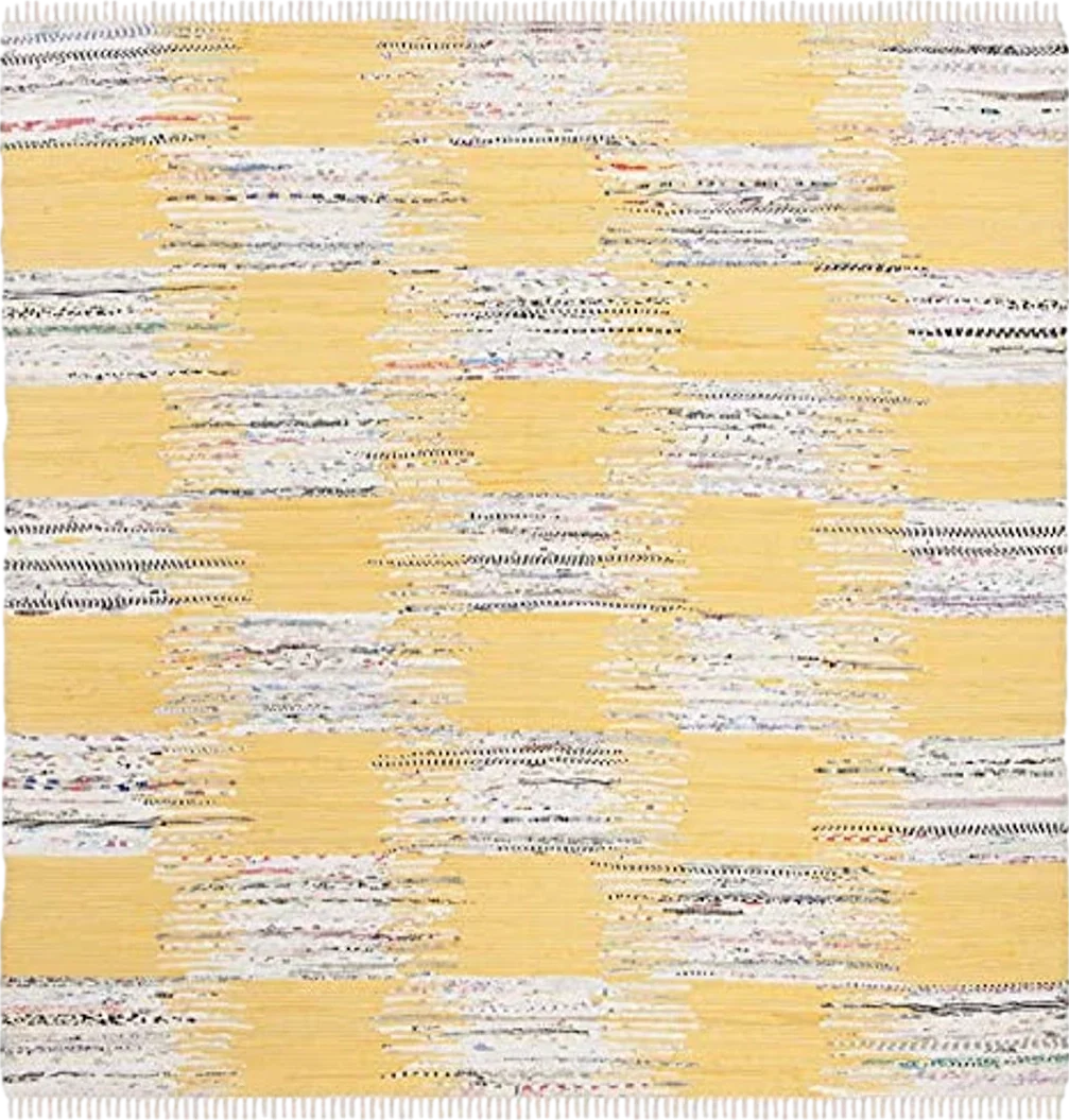 SAFAVIEH Montauk Collection Area Rug - 6' Square, Yellow & Multi, Handmade Fringe Cotton, Ideal for High Traffic Areas in Living Room, Bedroom (MTK721A) - 6′0″x6′0″
