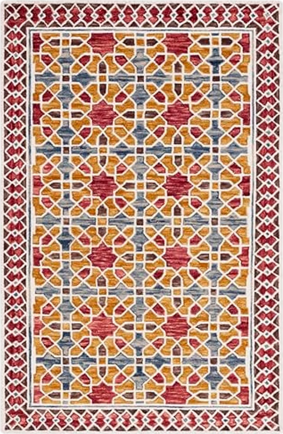 SAFAVIEH Aspen Collection Area Rug - 5' x 8', Red & Yellow, Handmade Boho Wool, Ideal for High Traffic Areas in Living Room, Bedroom (APN149Q) - 5′0″x8′0″
