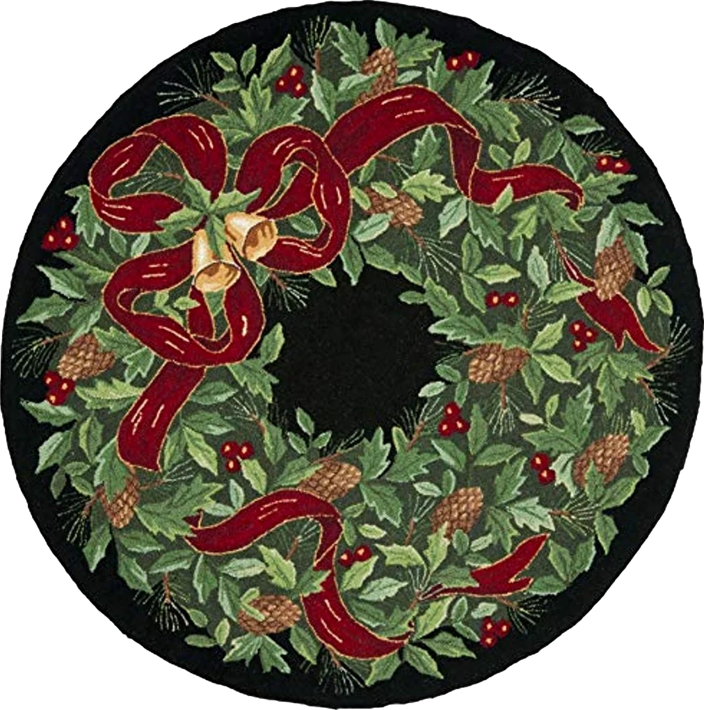 SAFAVIEH Vintage Poster Collection Area Rug - 6' Round, Black & Green, Handmade Christmas Wreath Novelty Wool, Ideal for High Traffic Areas in Living Room, Bedroom (VP323A) - 6′0″x6′0″