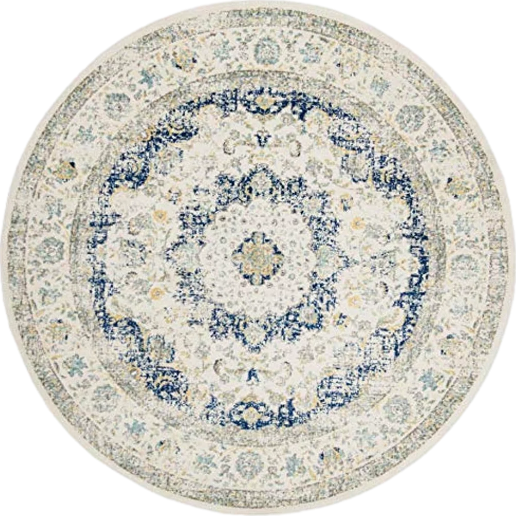 SAFAVIEH Evoke Collection Area Rug - 9' Round, Ivory & Blue, Shabby Chic Oriental Medallion Design, Non-Shedding & Easy Care, Ideal for High Traffic Areas in Living Room, Bedroom (EVK220C) - 9′0″x9′0″