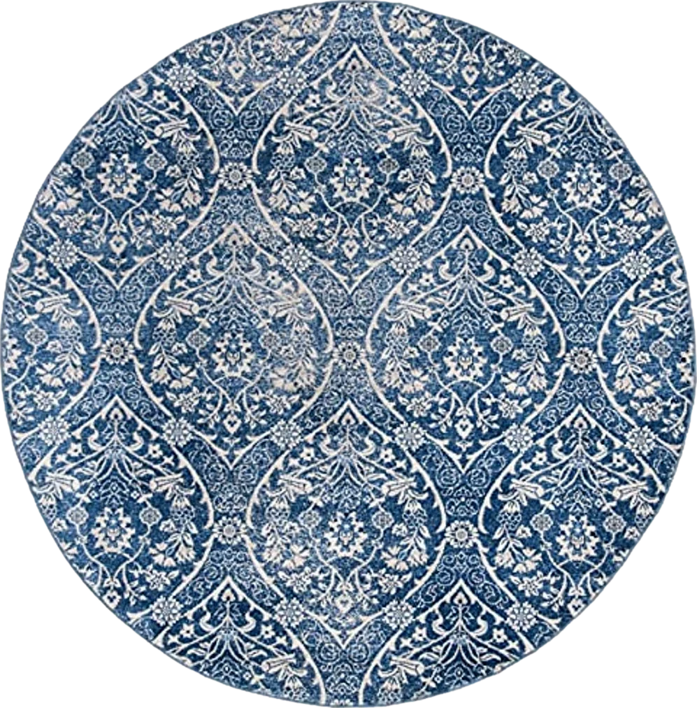 SAFAVIEH Brentwood Collection 6'7" Round Navy / Light Grey BNT860M Floral Damask Ogee Trellis Non-Shedding Dining Room Entryway Foyer Living Room Bedroom Area Rug - 6′8″x6′8″
