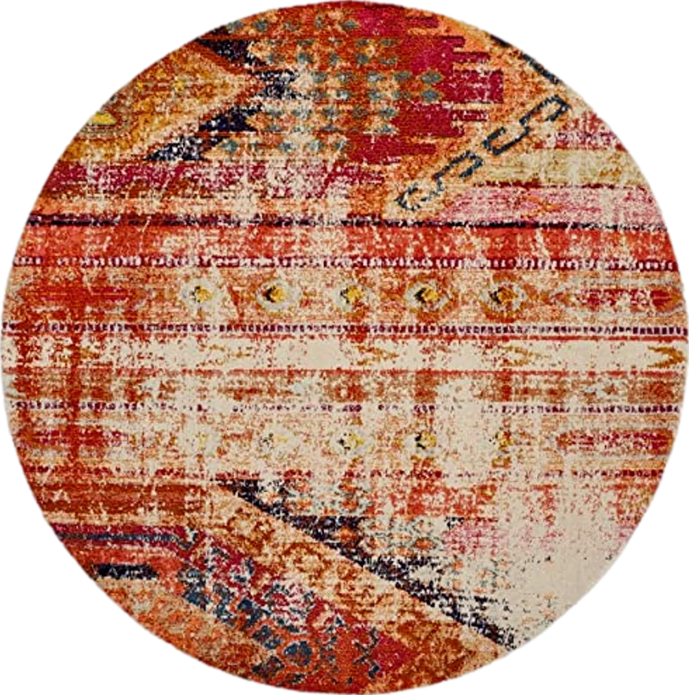 SAFAVIEH Monaco Collection 6'7" Round Orange / Multi MNC222H Boho Chic Tribal Distressed Non-Shedding Dining Room Entryway Foyer Living Room Bedroom Area Rug - 6′8″x6′8″