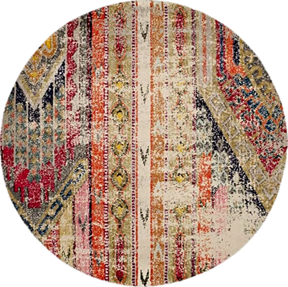 SAFAVIEH Monaco Collection 9' Round Light GreyMulti MNC222G Boho Chic Tribal Distressed Non-Shedding Dining Room Entryway Foyer Living Room Bedroom Area Rug - 9′0″x9′0″