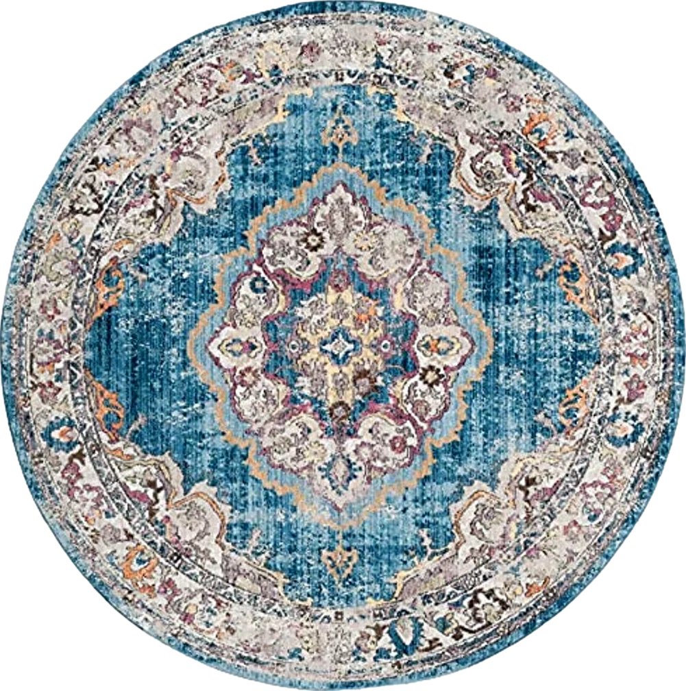SAFAVIEH Bristol Collection 7' Round Blue/Light Grey BTL343C Boho Chic Medallion Distressed Area Rug - 7′0″x7′0″