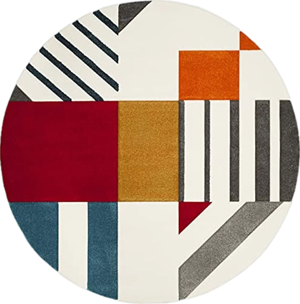 SAFAVIEH Hollywood Collection Area Rug - 6'7" Round, Ivory & Peacock Blue, Mid-Century Modern Design, Non-Shedding & Easy Care, Ideal for High Traffic Areas in Living Room, Bedroom (HLW709B) - 6′7″x6′7″