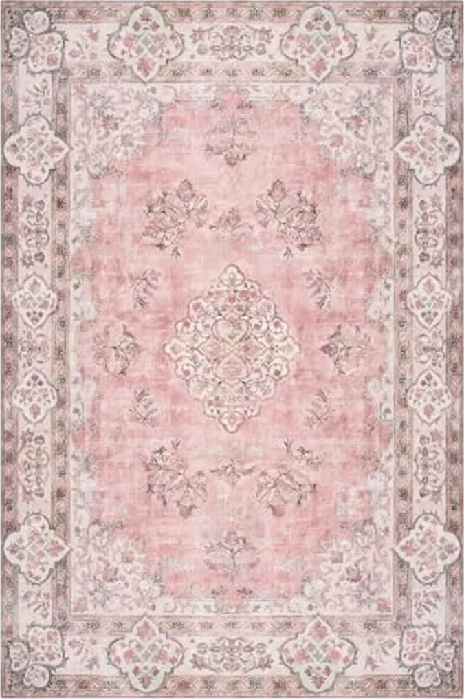 Area Rug Living Room Rug, 8x10 Vintage Boho Washable Rug Pink Non Slip Foldable Faux Wool Carpet, Fluffy Non-Shedding Rugs for Living Room, Bedroom, Dining Room, Kids Playroom - 8′0″x10′0″