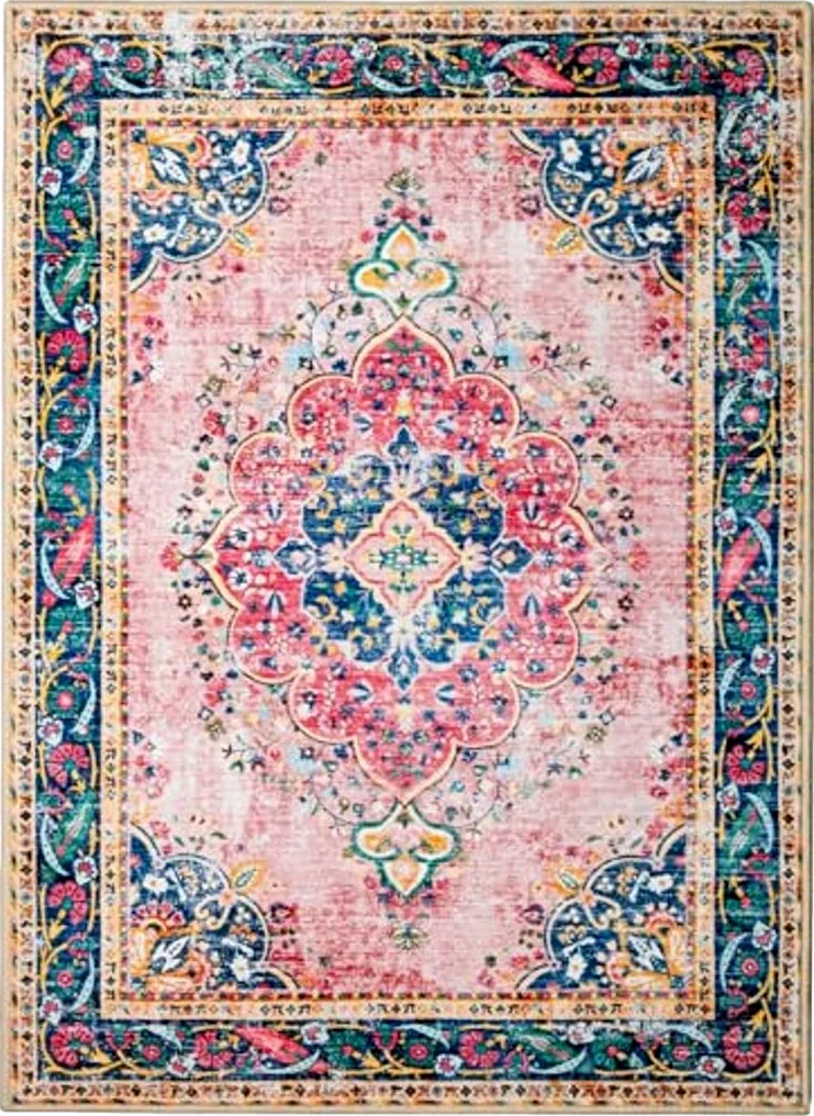 YesRug 8x10 Area Rugs for Living Room Pink Boho Rug Vintage Rug Non-Slip Washable Low Pile Foldable Large Rug for Bedroom Dining Room Indoor Floor Carpet - 8′0″x10′0″