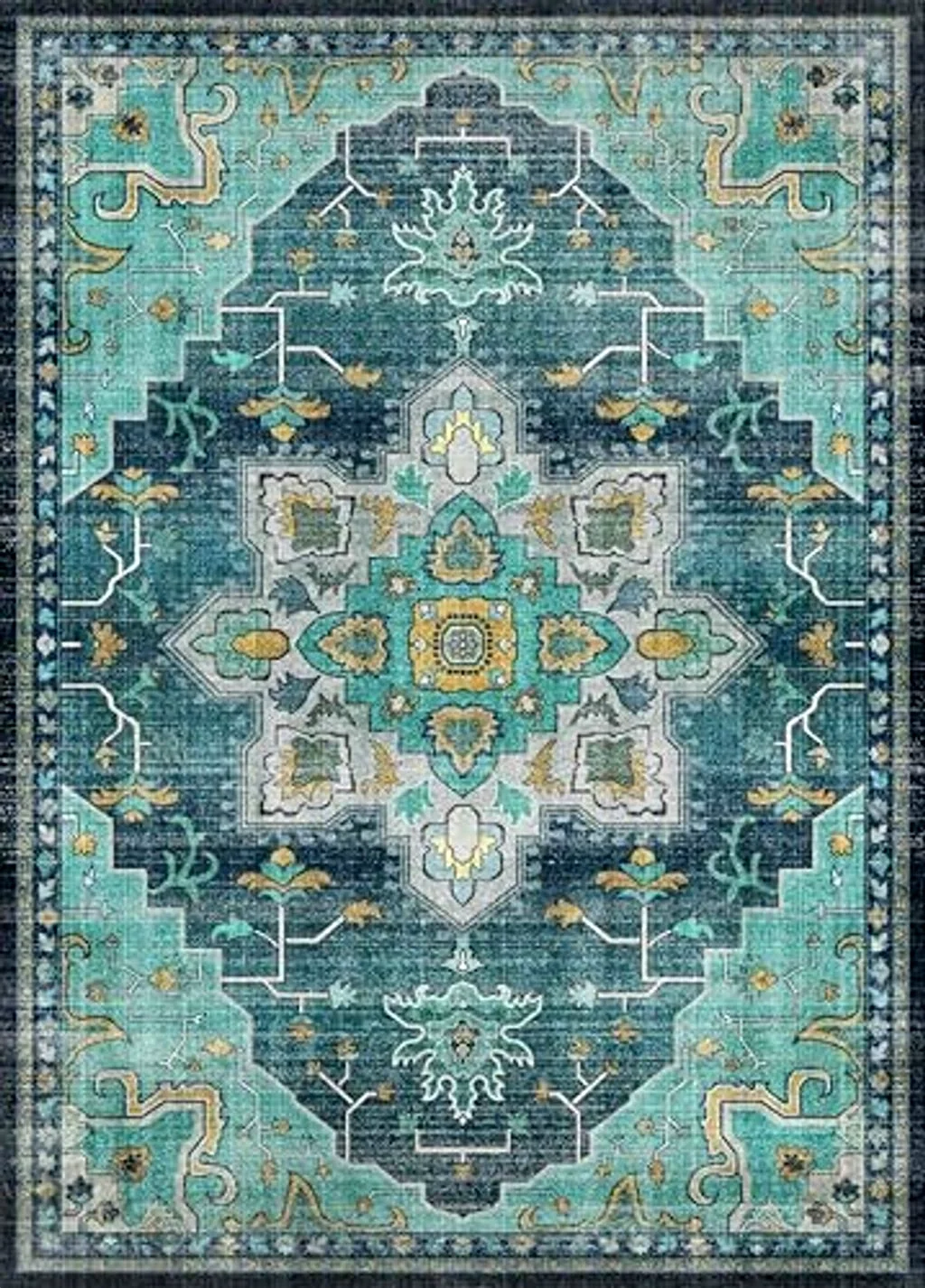 Puremy 5x7 Area Rug, Boho Vintage Rugs for Living Room, Non Slip Low Pile Bedroom Rug Machine Washable Floral Print Carpet for Kitchen Dining Room Home Decor, Teal - 5′0″x7′0″