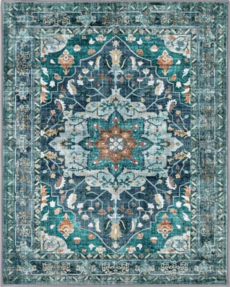 Washable Area Rugs 8x10, Teal Area Rug Non Skid for Bedroom Kitchen Dorm Room Playroom Office Carpet Living Room Rugs 8x10 Low Pile Area Rug Vintage Boho Floral 8x10 Big Area Rugs for Living Room - 8′0″x10′0″
