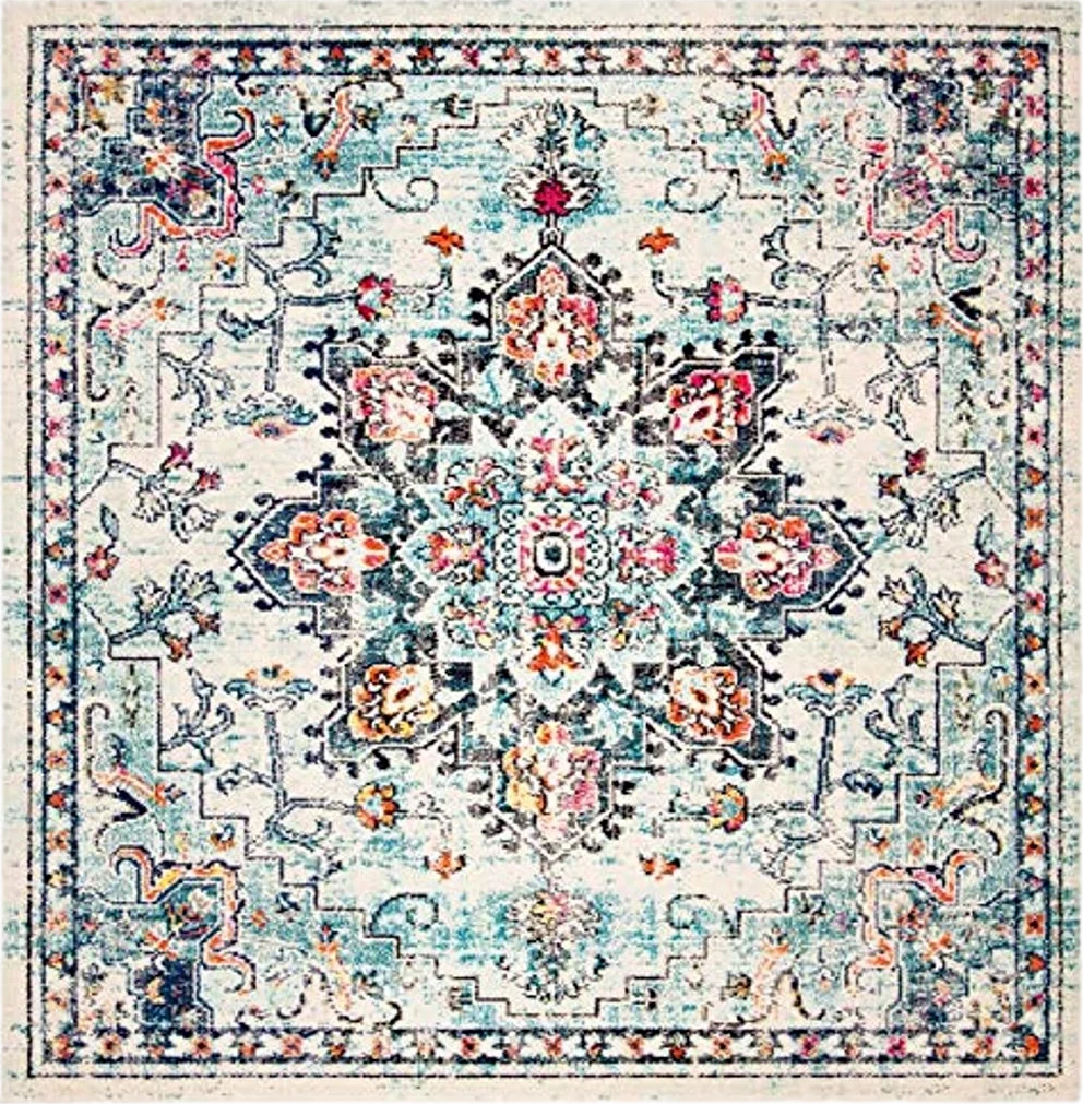 SAFAVIEH Madison Collection Area Rug - 5' Square, Cream & Blue, Boho Chic Medallion Distressed Design, Non-Shedding & Easy Care, Ideal for High Traffic Areas in Living Room, Bedroom (MAD473B) - 5′0″x5′0″