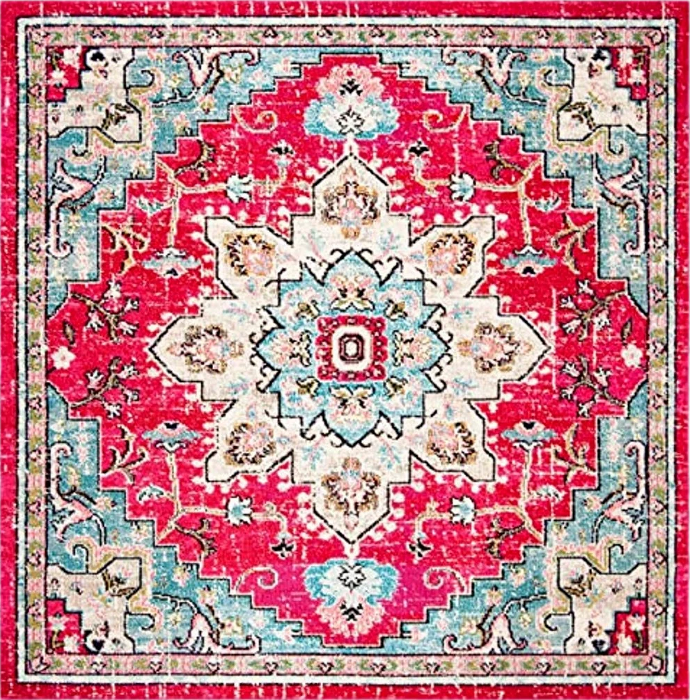 SAFAVIEH Madison Collection Area Rug - 5' Square, Fuchsia & Blue, Boho Chic Medallion Distressed Design, Non-Shedding & Easy Care, Ideal for High Traffic Areas in Living Room, Bedroom (MAD473A) - 5′0″x5′0″