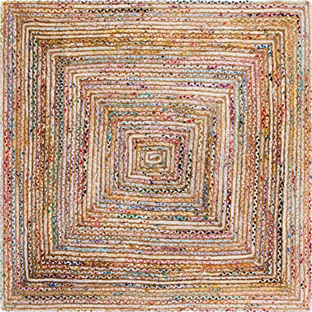 SAFAVIEH Cape Cod Collection Area Rug - 6' Square, Beige & Multi, Handmade Boho Braided Jute & Cotton, Ideal for High Traffic Areas in Living Room, Bedroom (CAP202B) - 6′0″x6′0″