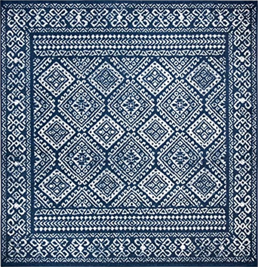 SAFAVIEH Tulum Collection 6'7" Square Navy/Ivory TUL264N Moroccan Boho Distressed Non-Shedding Living Room Bedroom Dining Home Office Area Rug - 6′8″x6′8″