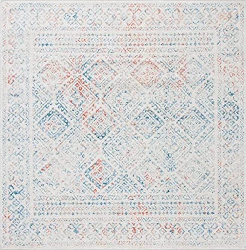 SAFAVIEH Tulum Collection 6'7" Square Ivory / Terracotta TUL264C Moroccan Boho Distressed Non-Shedding Living Room Bedroom Dining Home Office Area Rug - 6′8″x6′8″