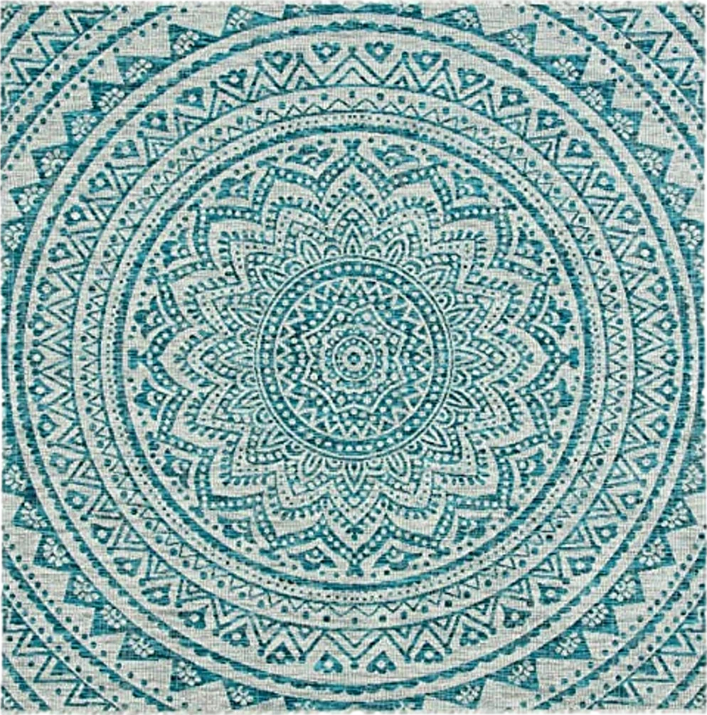 SAFAVIEH Courtyard Collection Area Rug - 3' Square, Light Grey & Teal, Non-Shedding & Easy Care, Indoor/Outdoor & Washable-Ideal for Patio, Backyard, Mudroom (CY8734-37212) - 3′0″x3′0″