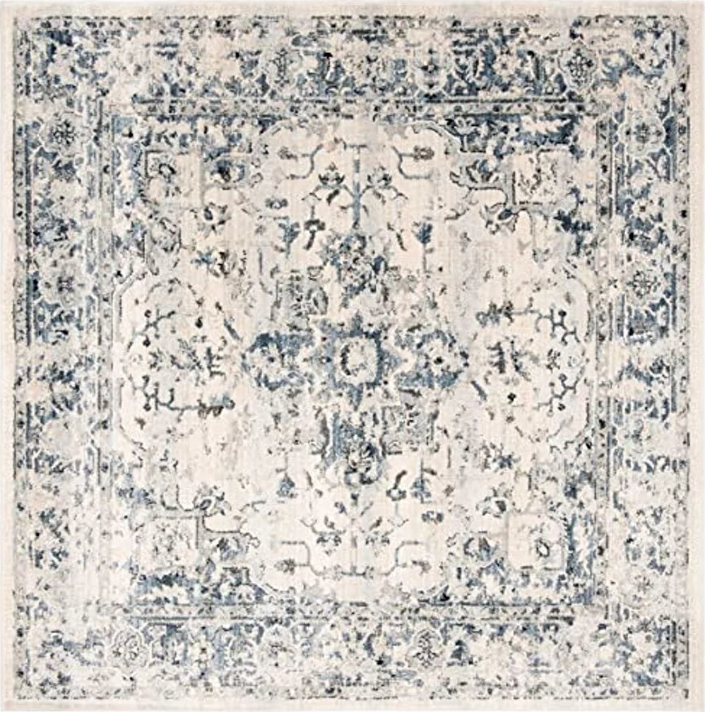 SAFAVIEH Charleston Collection Area Rug - 8' Square, Ivory & Navy, Oriental Distressed Design, Non-Shedding & Easy Care, Ideal for High Traffic Areas in Living Room, Bedroom (CHL411A) - 8′0″x8′0″