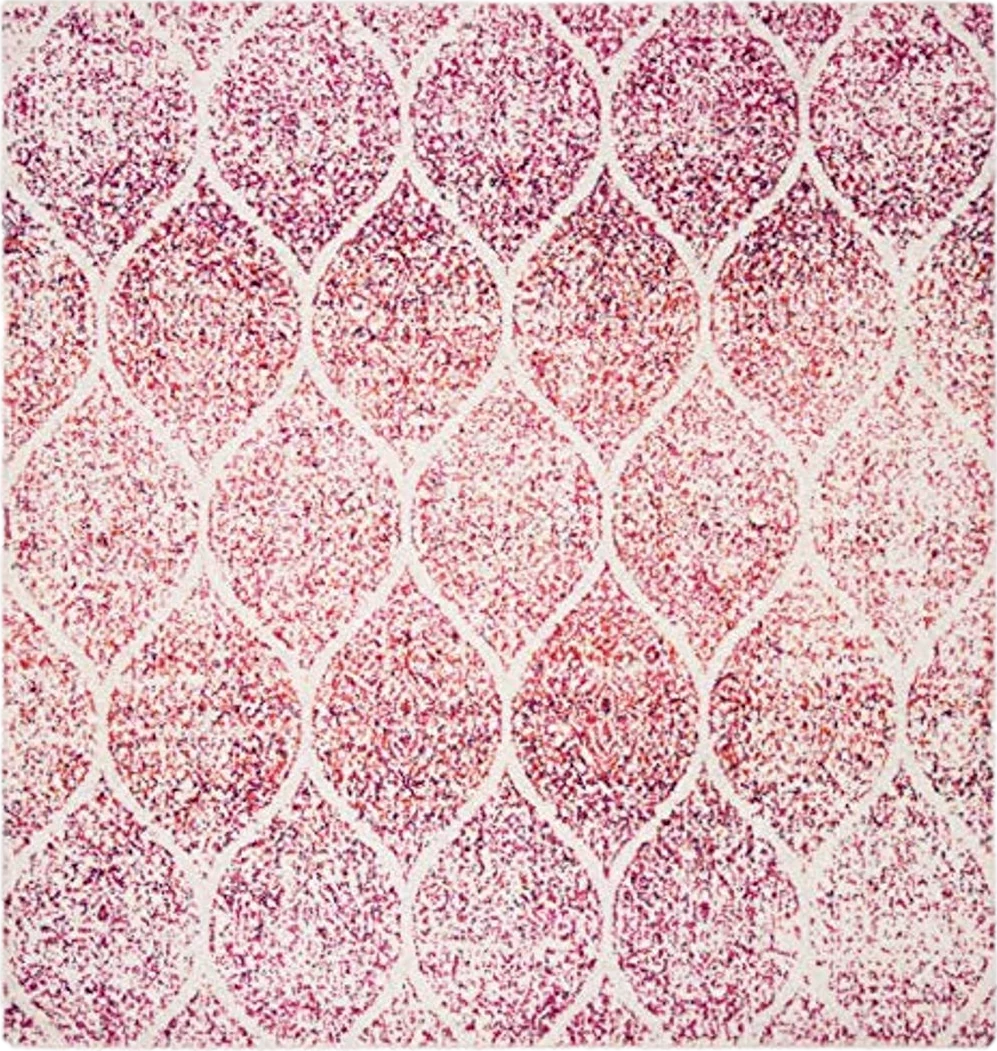 SAFAVIEH Madison Collection 6'7" Square Cream / Fuchsia MAD604R Glam Ogee Trellis Distressed Non-Shedding Living Room Bedroom Dining Home Office Area Rug - 6′8″x6′8″