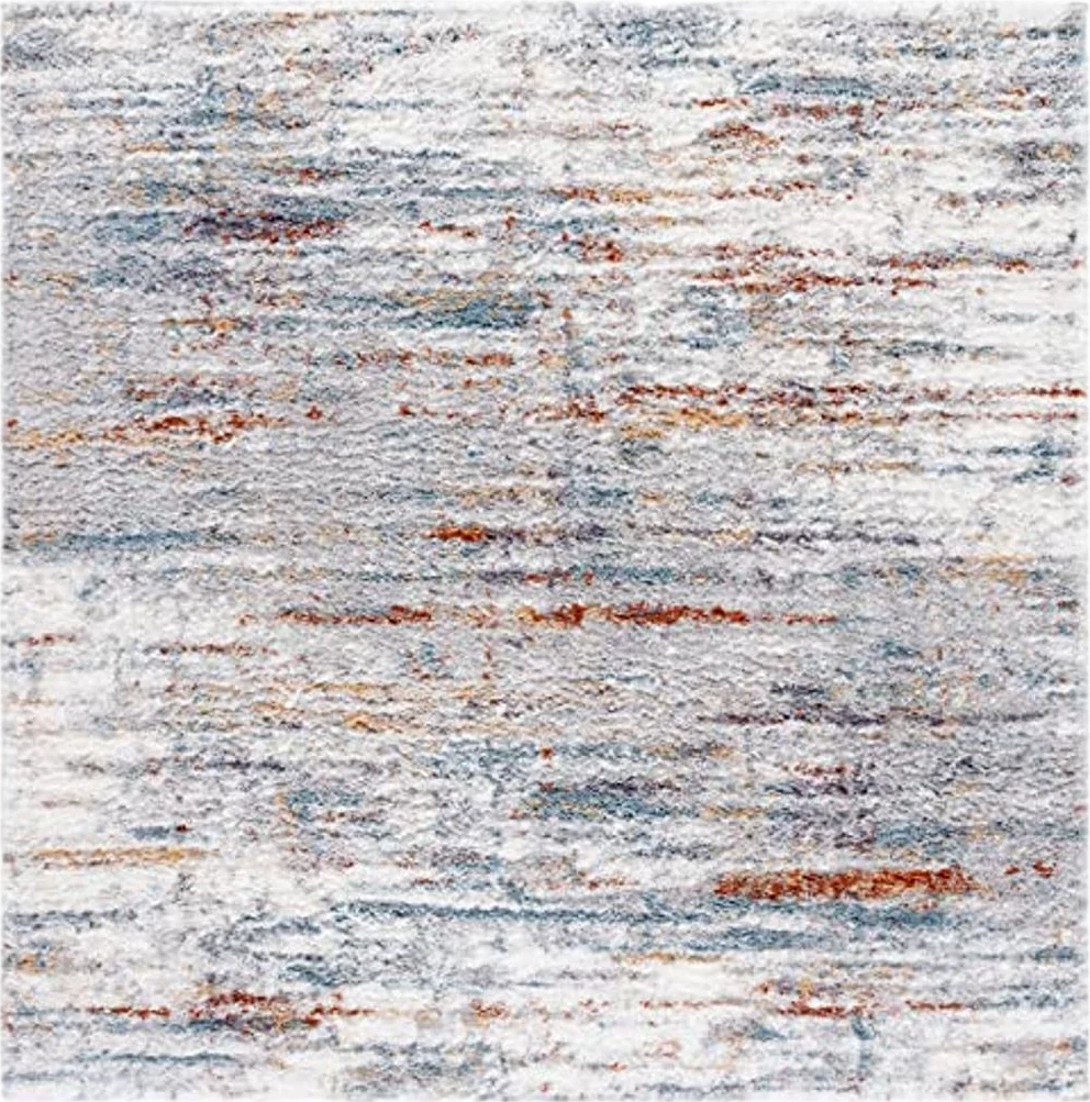 SAFAVIEH Berber Shag Collection 7' Square Blue Rust/Ivory BER577A Modern Abstract Non-Shedding 1.25-inch Thick Area Rug - 7′0″x7′0″