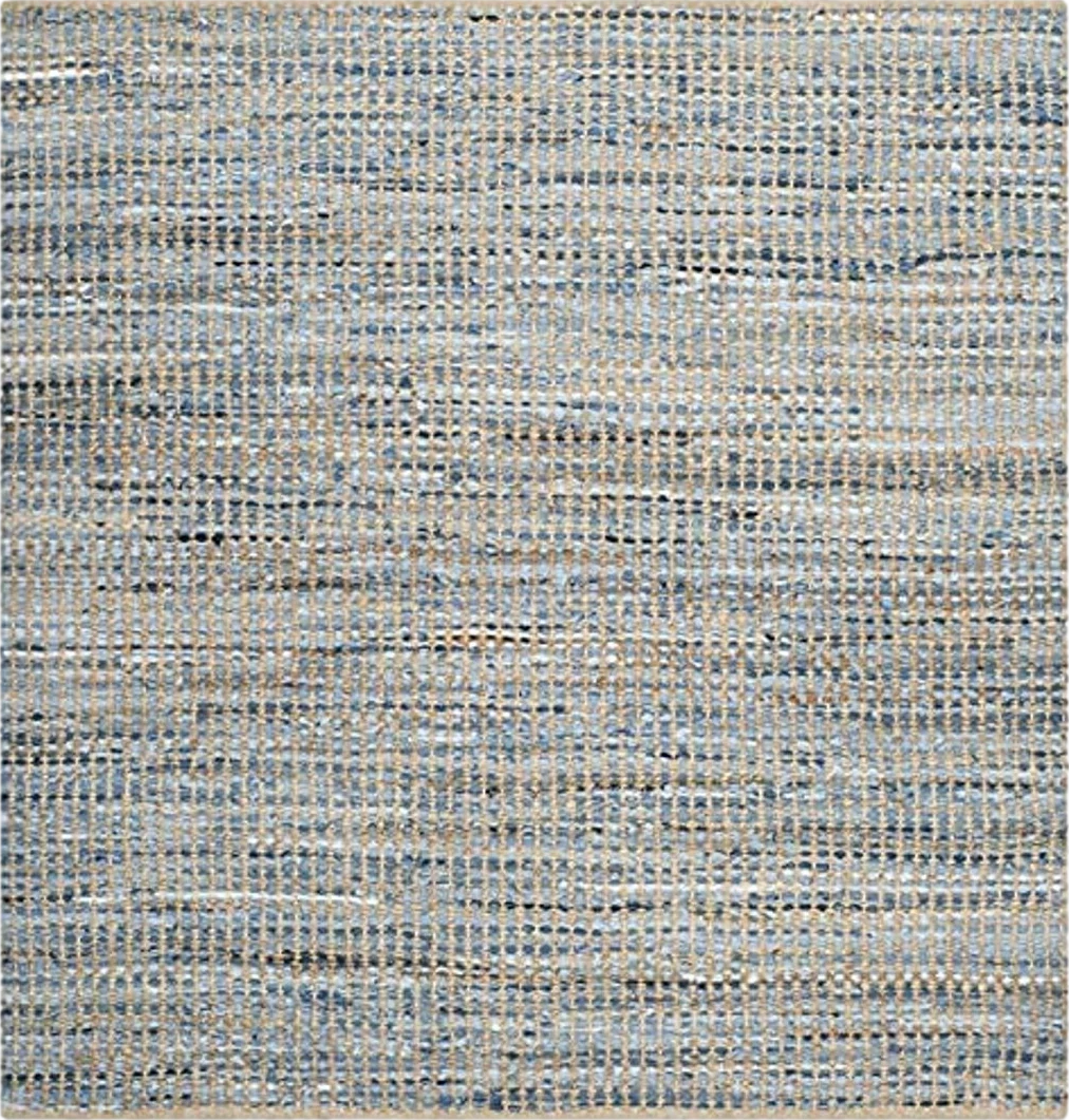 SAFAVIEH Cape Cod Collection Area Rug - 5' Square, Natural & Blue, Handmade Flat Weave Coastal Braided Jute, Ideal for High Traffic Areas in Living Room, Bedroom (CAP352A) - 5′0″x5′0″