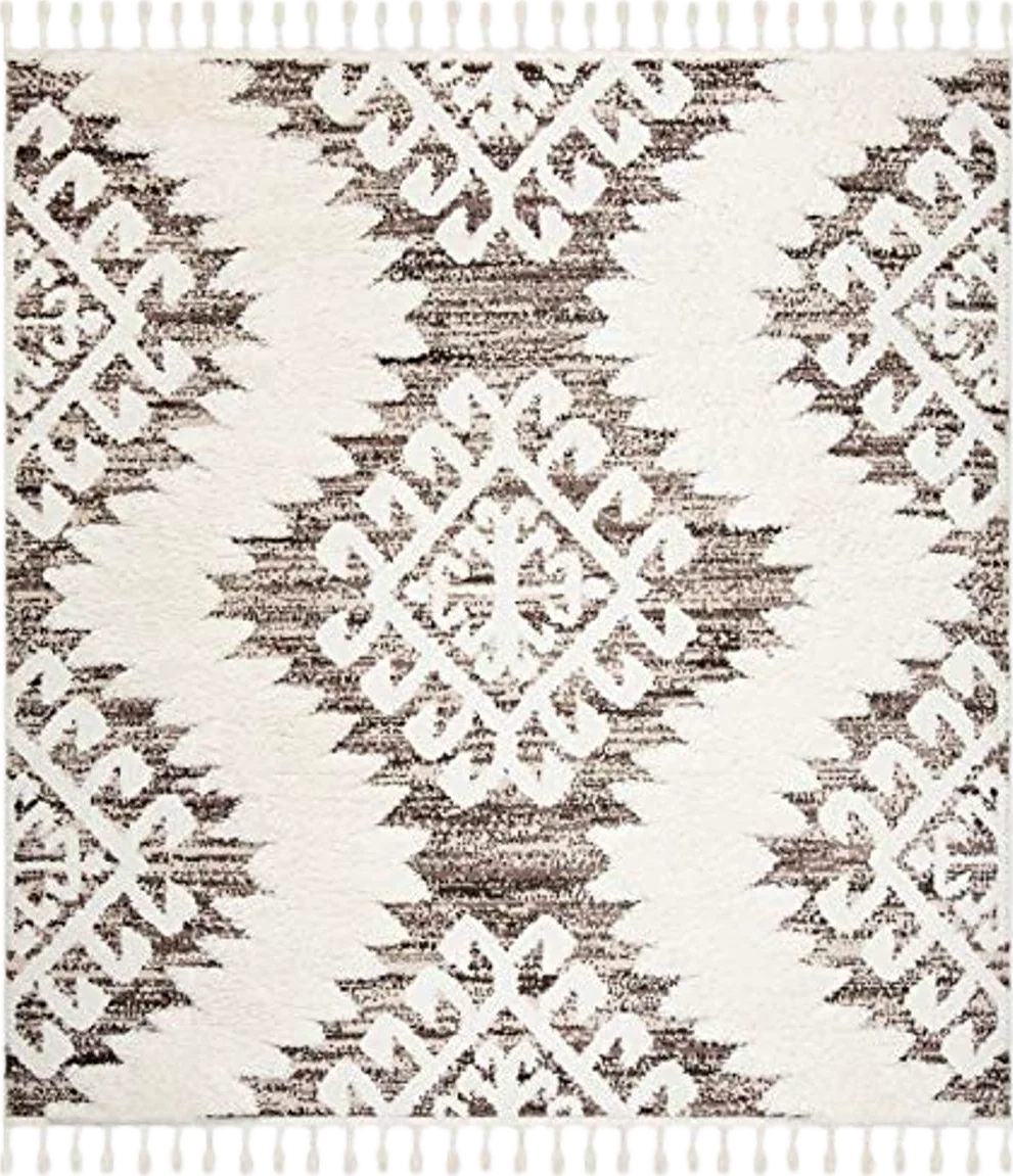 SAFAVIEH Moroccan Tassel Shag Collection Area Rug - 6'7" Square, Ivory & Brown, Boho Design, Non-Shedding & Easy Care, 2-inch Thick Ideal for High Traffic Areas in Living Room, Bedroom (MTS652A) - 6′8″x6′8″