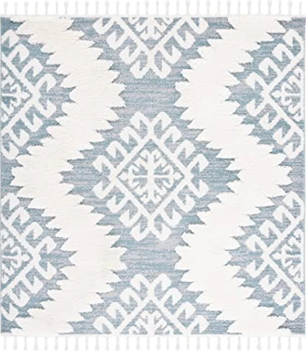 SAFAVIEH Moroccan Tassel Shag Collection 6'7" Square Teal/Ivory MTS652K Boho Non-Shedding Living Room Dining Bedroom 2-inch Thick Area Rug - 6′8″x6′8″