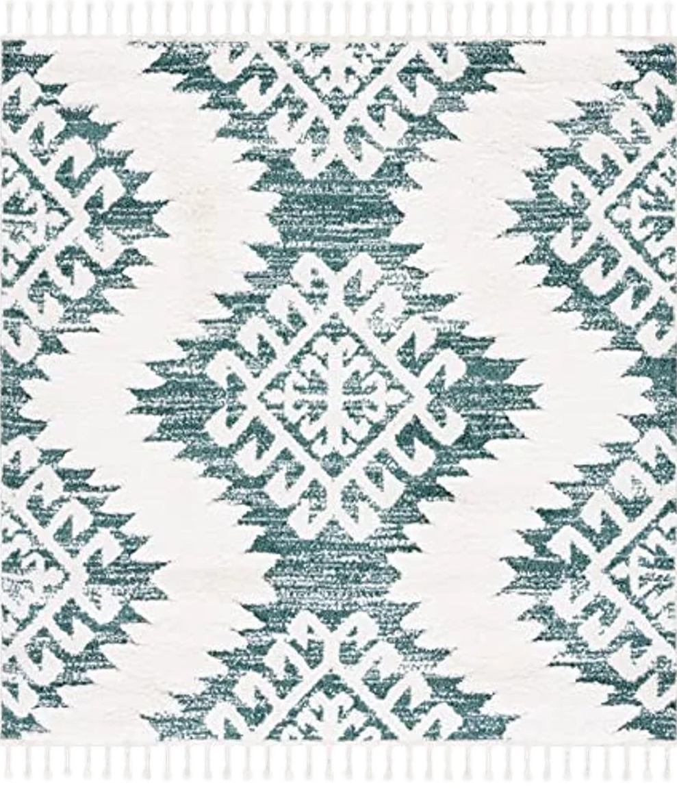 SAFAVIEH Moroccan Tassel Shag Collection 6'7" Square Green/Ivory MTS652Y Boho Non-Shedding Living Room Dining Bedroom 2-inch Thick Area Rug - 6′8″x6′8″