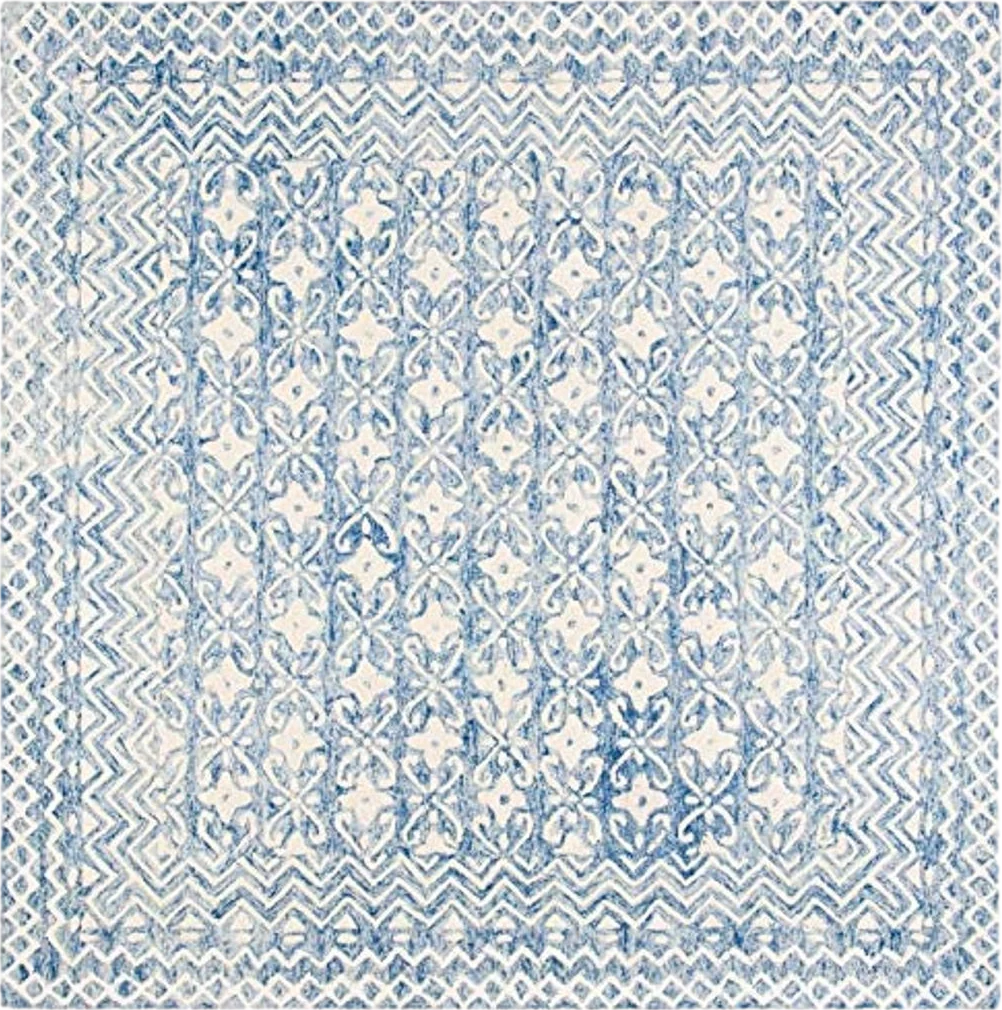 SAFAVIEH Blossom Collection Area Rug - 8' Square, Blue & Ivory, Handmade Wool, Ideal for High Traffic Areas in Living Room, Bedroom (BLM114M) - 8′0″x8′0″
