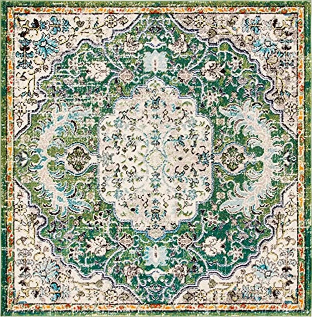 SAFAVIEH Madison Collection Area Rug - 5' Square, Green & Turquoise, Boho Chic Medallion Distressed Design, Non-Shedding & Easy Care, Ideal for High Traffic Areas in Living Room, Bedroom (MAD447Y) - 5′0″x5′0″