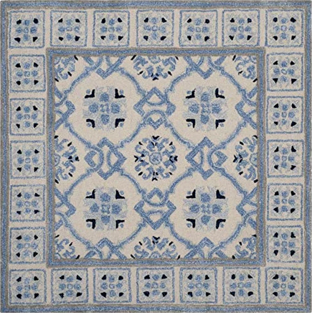 SAFAVIEH Bella Collection Area Rug - 5' Square, Ivory & Blue, Handmade Wool & Viscose, Ideal for High Traffic Areas in Living Room, Bedroom (BEL155A) - 5′0″x5′0″